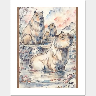 Capybaras swim in the lotus pond Posters and Art